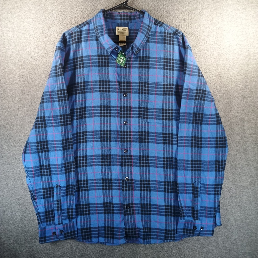 NWT‎ LL Bean Scotch Plaid Flannel Morgan Mens XXL Slim Fit Blue Outdoors